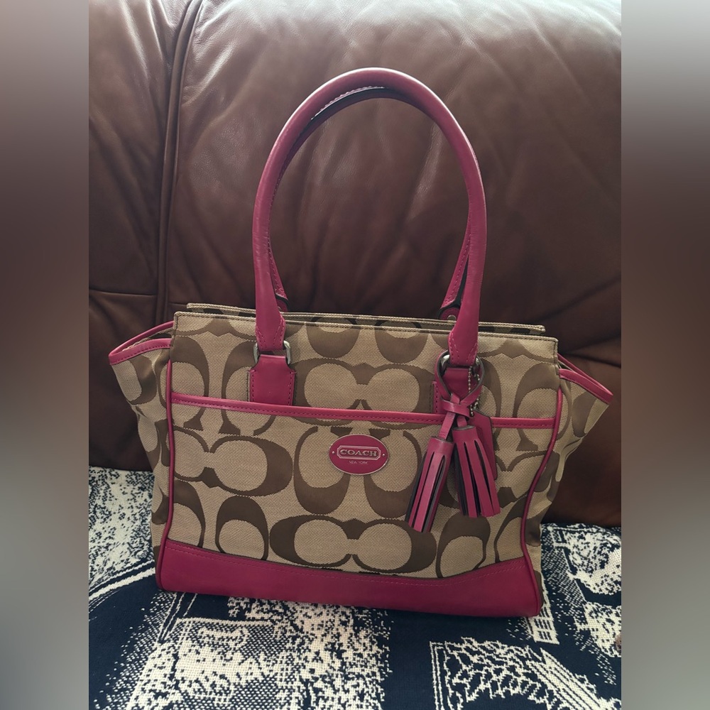Coach Candace Pink and Tan Signature Legacy Tote Bag EUC